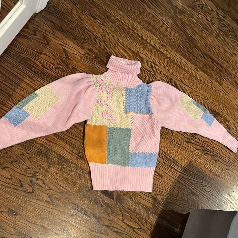 Nwt Loveshackfancy Allan Patchwork Pink Sweater M - image 6